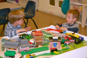 Thomas the Tank Engine and many other popular toys are provided to engage the children in social activities at Immanuel Lutheran&#039;s Preschool in Loveland, Colorado.